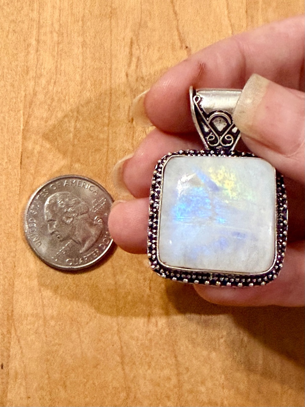 Beautiful Rainbow Moonstone Square Pendant - 925 Plated/Stamped